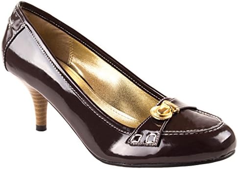 Karolyn Shoes Women's Brenda-4 Drk.Brown Patenet Leather Kitten Heel Pumps with Decorative Button on Front End 6.5 D(M) US