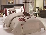 7 Pieces Beige White Brown with Burgundy Applique Floral Comforter Set Bed-in-a-bag King Size Bedding