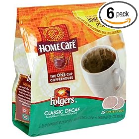 Folgers Home Cafe Coffee, Classic Roast Decaffeinated, 16-Count Pods (Pack of 6)