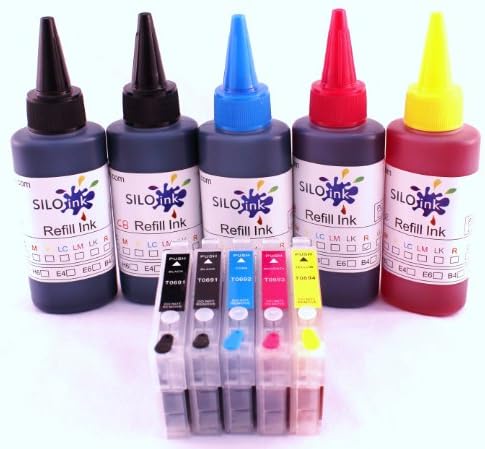 Silo Ink Refillable Ink Cartridges Compatible With Epson T0691-T0694 for Epson Workforce 1100, 310, 315 (5 color set: T069120 Black, T069120 Black, T069220 Cyan, T069320 Magenta, T069420, Yellow) and Refill Ink (5 x 100ml)