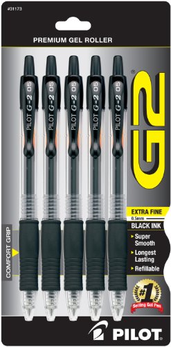 Pilot G2 Retractable Premium Gel Ink Rolling Ball Pen, Extra Fine Point, 5-Pack, Black Ink (31173)