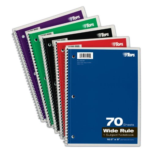TOPS 1-Subject Spiral Notebooks, Wide Rule, 8 x 10.5 Inches, 70 White Sheets per Book, Cover Colors May Vary, Box of 24 (65000) TOPS 1-Subject Spiral Notebooks, Wide Rule, 8 x 10.5 Inches, 70 White Sheets per Book, Cover Colors May Vary, Box of 24 (65000)