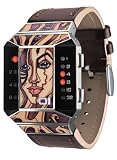 01TheOne Unisex SC117R1 Split Screen Art Edition Red LED Brown Leather Watch