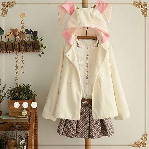 mamamiya(ママミヤ) 萌え レディース オーバーコート パーカ アウター ラシャ 可愛い帽子 うさぎ耳 清純派 大きめ 森ガール カジュアル シンプル 秋冬 ホワイト