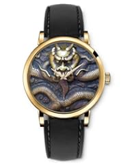 SPRAWL Aanalog Fashion Series Gold Ladies Watches of Genuine Black Leather Strap,Unique Wrist Watch for Women Girls Designed with Engraving dragon