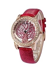 Fashion Lady Women Bling Crystal Peacock Pattern Red Leather Band Quartz Watch WK1148