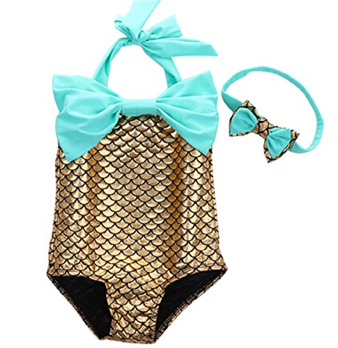 PGXT Girl's One Piece Mermaid Swimwear Swimsuit Bathing Suit+Headband Gold 120CM