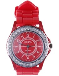 EOZY Women Men Red Casual Sport Crystal Silicone Silicon Jelly Rubber Wrist Watch