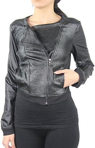 LnLClothing Long Sleeve Crop Faux Leather Jacket, Black, Small