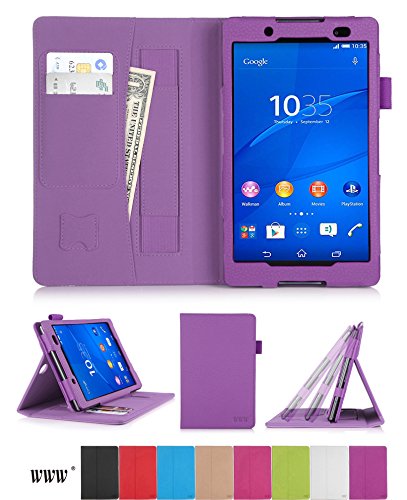 Sony Xperia Z3 Compact Tablet Case Cover, WWW® Premium Leather Case Stand Cover with Card Slots, Pocket, Elastic Hand Strap and Stylus Holder for Sony Experia Z3 Compact Tablet Purple (With Auto Wake/Sleep Feature)