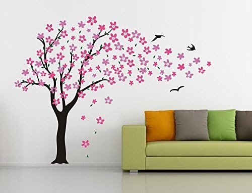 Beautiful Pink Cherry Blossom Flower Tree with Flying Birds Wall Decal Home D¡§?cor Vinyl Wall Stickers,Size:85" Tall x 148" Wide.