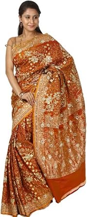 Women Fashion Store : Exotic India Rust Banarasi Satin Sari with Woven Flowers and Embroidered Beads by Hand Price