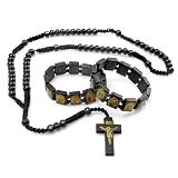 Black Wooden Bead Rosary 6mm x 6mm - 22 inch Necklace, 6.5 inch Drop Length With Two Virgin Mary Matching 7 inch Bracelets