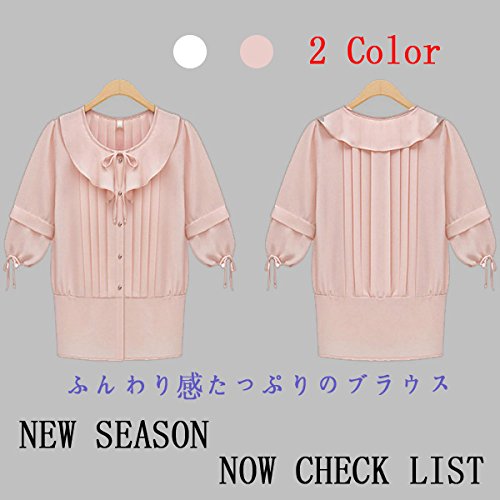 ブラウス 7分袖 夏　シフォン 天竺袖 たおやか 心地よい　女性　柔らか　美ライン　シフォン　チュニック　カジュアル　大人　ピンク　ホワイト　無地