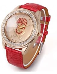 Jovivi Women Men Pirate Pattern Crystal Decoration Skeleton Head Pu Leather Watch -- Red