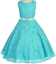 Girls A-line Tea Length Lace Jeweled Floral Print Satin  Dress With a Sash 