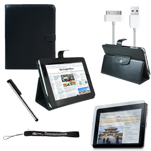 Proffesional Office Portfolio with Horizontal stand, Melrose Leather Horizontal Flip iPad Case for the Apple iPad Wifi / 3G Model 16GB, 32GB, 64GB with Extra Pocket for Miscellaneous Accessories + Includes a eBigValue (TM) Determination Hand Strap Key Chain + Includes a Full Durable iPad Anti-Glare Screen Protector + Includes a Silver Graphic Designer Stylus Pen + Includes a USB Data Sync Cable to Transfer Picture, Music, Video and any type of Data to your iPad
