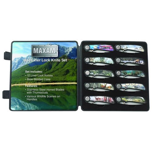 Maxam 10pc Liner Lock Knife Set Leymar Handle Surgical Stainless Steel Blade Protective Case