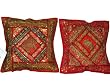 Sofa Cushion Covers-2 Fire Engine Red Sequin Embroidery Sari Toss Pillow Cushion Covers