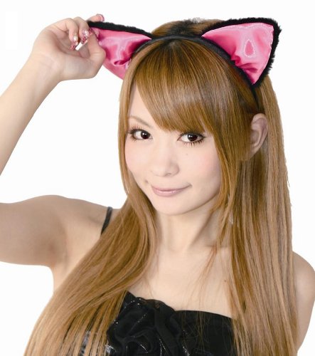フワフワ猫耳カチューシャ 前耳 黒/ピンク