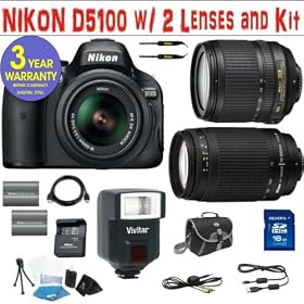 NIKON D5100 DIGITAL SLR CAMERA BODY + NIKON 18-105 VR ZOOM LENS + NIKON 70-300 G ZOOM LENS + 16 GIG HIGH SPEED MEMORY CARD + 2 RECHARGEABLE BATTERIES + VIVITAR FULLY AUTOMATIC DEDICATED FLASH + 3 YEAR CELLTIME WARRANTY