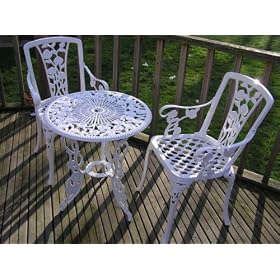 4pc Gloss White Cast Aluminium Garden Furniture Bistro Set Round 60cm table, 2 Carver Armchairs and a Matching Parasol Base.