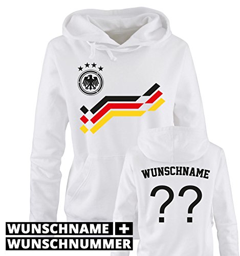 EM 2016 – RETRO-TRIKOT – WUNSCHDRUCK – Damen Hoodie – Weiss / Schwarz-Rot-Gelb Gr. M