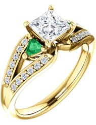 14K Yellow Gold Princess Cut Diamond and Emerald Ring -- LIFETIME WARRANTY