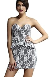 Strapless Sleeveless Floral Print Cocktail Summer Lace Peplum  Club Dress/Mini Dress  With Ruffles