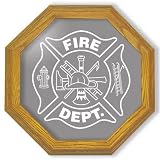Maltese Cross Firefighter Art Etched Mirror - Solid Oak Octagon Framed Wall Mirror