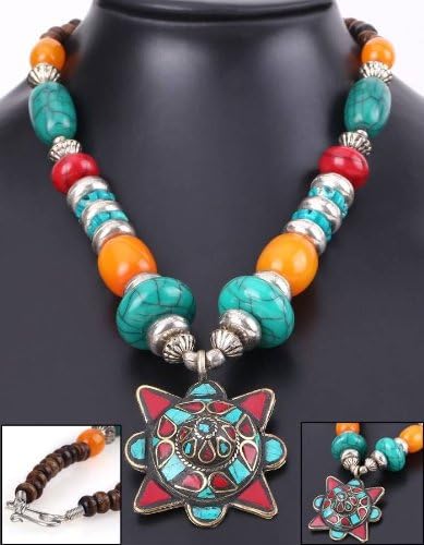 Tribal Jewelry Nepalese Handmade Brass Inlay Turquoise & Coral Beeswax Yak Bone Bead Necklace