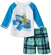 Charlie Rocket Baby-boys Infant Rash Guard with Ship and Island Plaid Short