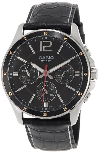 Casio #MTP1374L-1AV Men's Standard Leather Band Multi-Function Black Dial Watch