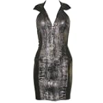 Clubwear Fitted Latex Mini Dress Gold Silver Black Crocodile Pattern Front Zipper $23.75