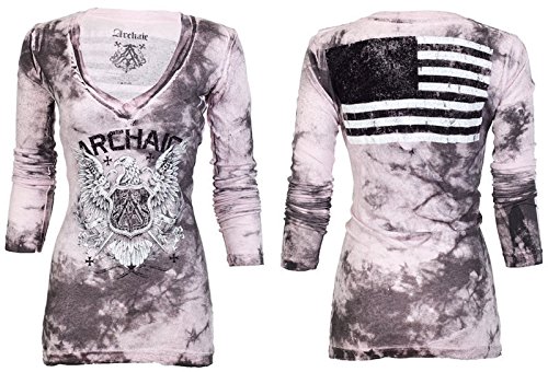 Archaic AFFLICTION Womens LS T-Shirt FREE AIR Biker USA FLAG Sinful UFC