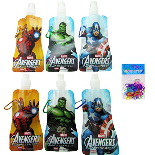 6-pack Marvel Avengers Collapsible Foldable Water Bottles (12 Oz) and 12-pack Summer Shaped Silicone Bracelets - BPA Free - Marvel Heroes Party Favors for Kids and Marvel Heroes Party Supplies for Kids - Included Are 2 Captain America Water Bottles, 2 Incredible Hulk Water Bottles, and 2 Iron Man Water Bottles