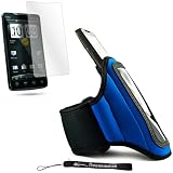 Blue Neoprene Adjustable Velcro Sportband / Workout Armband for T Mobile HTC EVO Mobile Phone + Includes an Anti Glare Screen Protector.