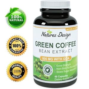 Pure Green Coffee Bean Extract - Highest Grade & Quality Antioxidant GCA (Standardized to 50% Chlorogenic Acid) for Men & Women (Best Formula) - Burns Both Fat and Sugar As Seen on Dr Oz - Guaranteed By Natures Design
