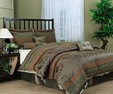 7 Pieces Brownish Green Baby's Breath Flower with Stripe Comforter Set Bed-in-a-bag Queen Size Bedding