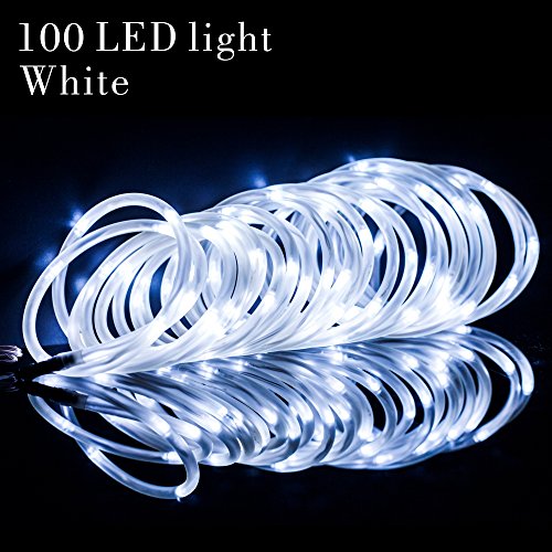 Meikee 33ft 100 LED Solar Rope Lights, Waterproof Outdoor Rope Lights, 6000K Daylight White, Portable, LED String Light with Light Sensor, Ideal for Wedding, Party, Decorations, Gardens, Lawn, Patio