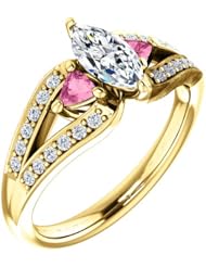 18K Yellow Gold Marquise Cut Diamond and Pink Sapphire Ring -- LIFETIME WARRANTY
