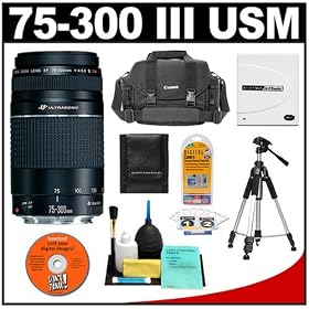 Click here to buy Canon EF 75-300mm f 4-5.6 III USM Zoom Lens + Canon SLR Camera Case + 57-inch Tripod +... by Canon.