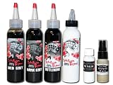 Tattoo Ink Sumi 4 Oz Greywash Outline Black and White 4pk with Green Soap and Tattoo Lotion