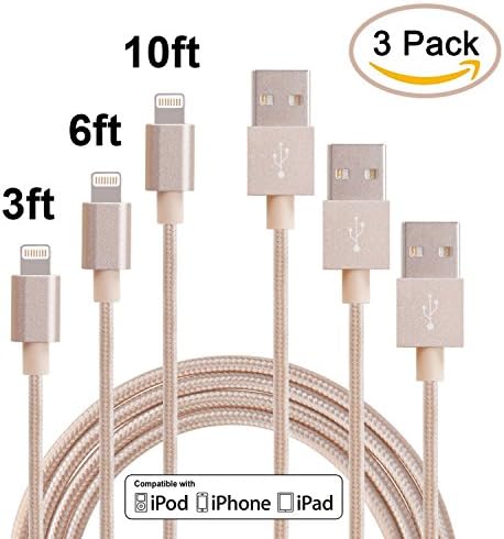 Sethjcsy 3Pack 3FT 6FT 10FT 3IN1 Nylon Braided 8Pin Lightning Cable Charging Cord USB2.0 Data Sync Cable for iPhone 6/6s/6 Plus/5/5c/5s, iPad 4 Mini Air iPod Nano 7 iPod Touch 5 (Golden)