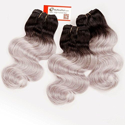 MyNiceHair-- 3 Bundles 14" 16" 18" Inches Brazilian Two Tone Ombre 1B/Silver Grey Human Remy Hair Extensions Weave Body Wave 300g, Thick and Full