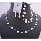 Brd651 Clear Crystals and White Pearls Necklace Set w/ Double Stranded Bracelet Bridemaides Bridal Wedding Handcrafted Complete Set