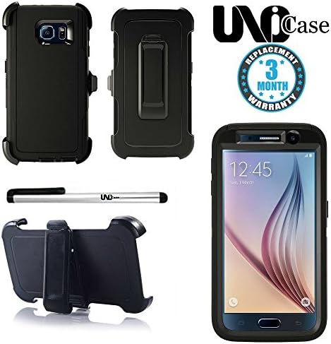 Samsung Galaxy S 6, Uno iCase®, Heavy Duty Shockproof Defender Series with Built-in Screen Protector/ Belt Clip Holster/ Case Cover for Samsung S6 and free Stylus Pen free extra Screen Protect (black)
