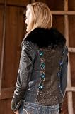 Women's Diana Diamond Stud Leather Jacket with Beaver Fur Collar, BLUE/BLACK, Size MEDIUM (8)