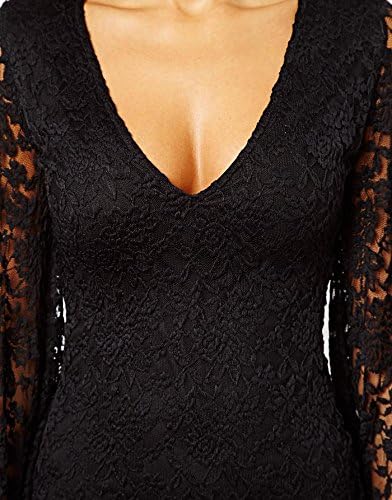 Lummet Women Sexy Lace Crochet V Neck Trumpet Sleeves Bodycon Party Cocktail Mini Dress BlackM