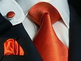 Landisun 139 Bright Orange Solids Mens Silk Tie Set: Tie+Hanky+Cufflinks